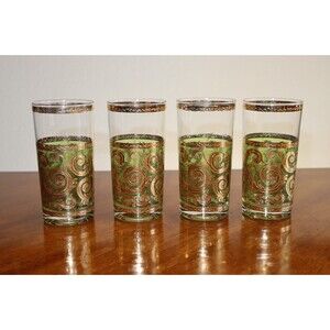 DAMAGED Lot 4x MCM Vintage Culver Green Gold Swirl Tall Tumbler Glasses Toledo